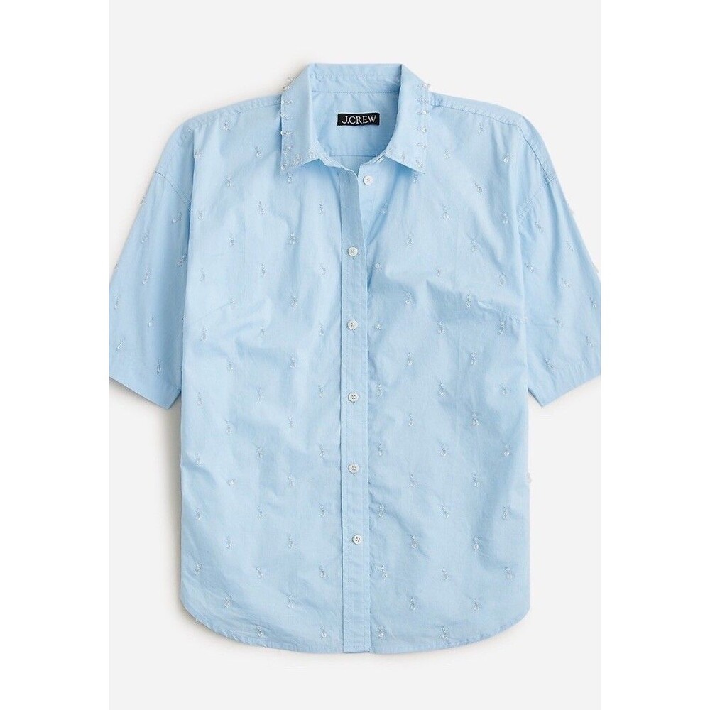 J Crew Collection Embellished Blue Oxford Beaded Top Collared Prep Size 12